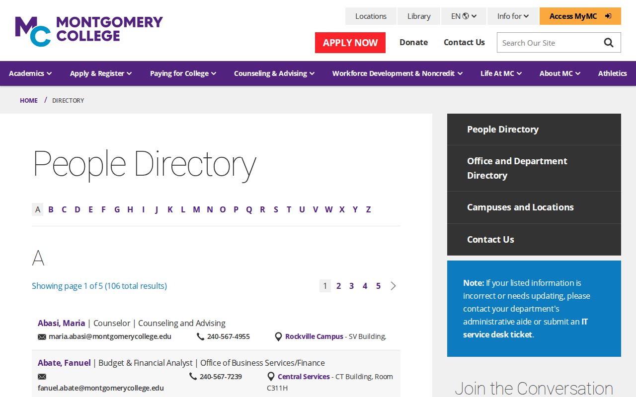 North Bethesda people directories showing the Montgomery College directory