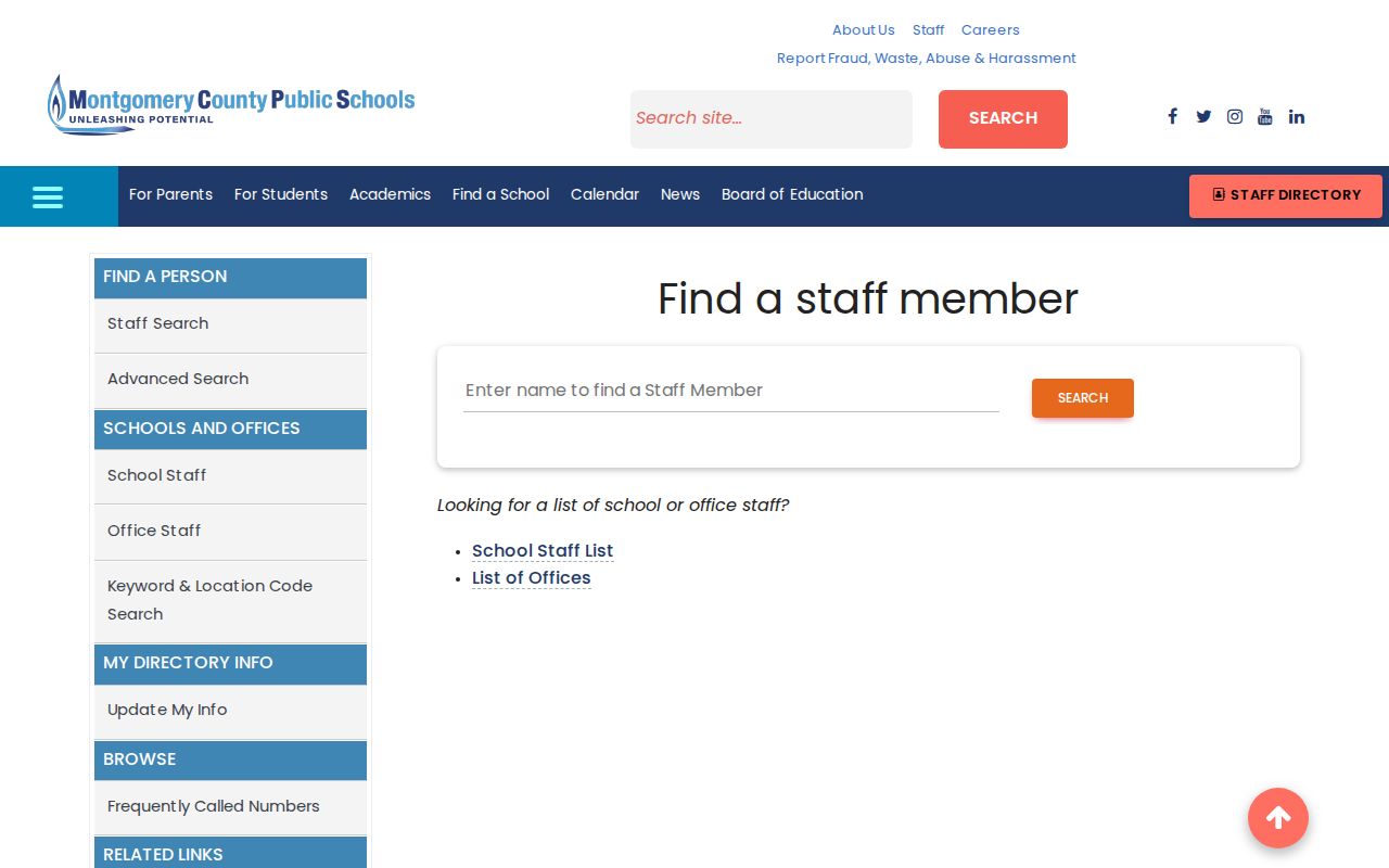 North Bethesda people directories showing the MCPS staff directory